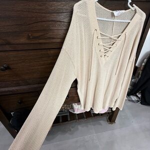Elegant Beige Lace-Up Knit Blouse